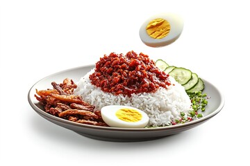 Delicious dish of nasi lemak on a plate.