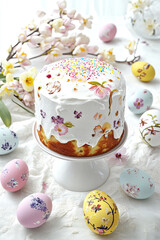 Colorful cake adorned with floral patterns sits among pastel Easter eggs and delicate flowers, embodying a joyful spring celebration and festive spirit