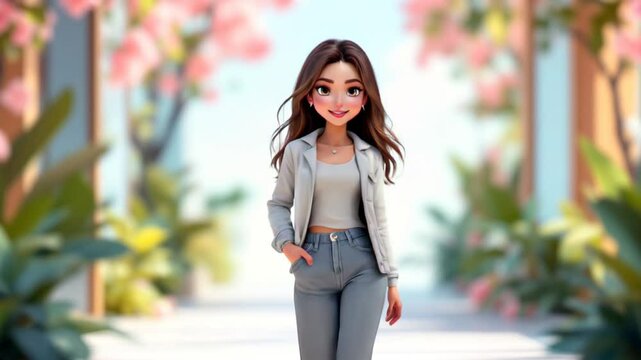 Stylish Cartoon Girl Walking in a Spring Garden