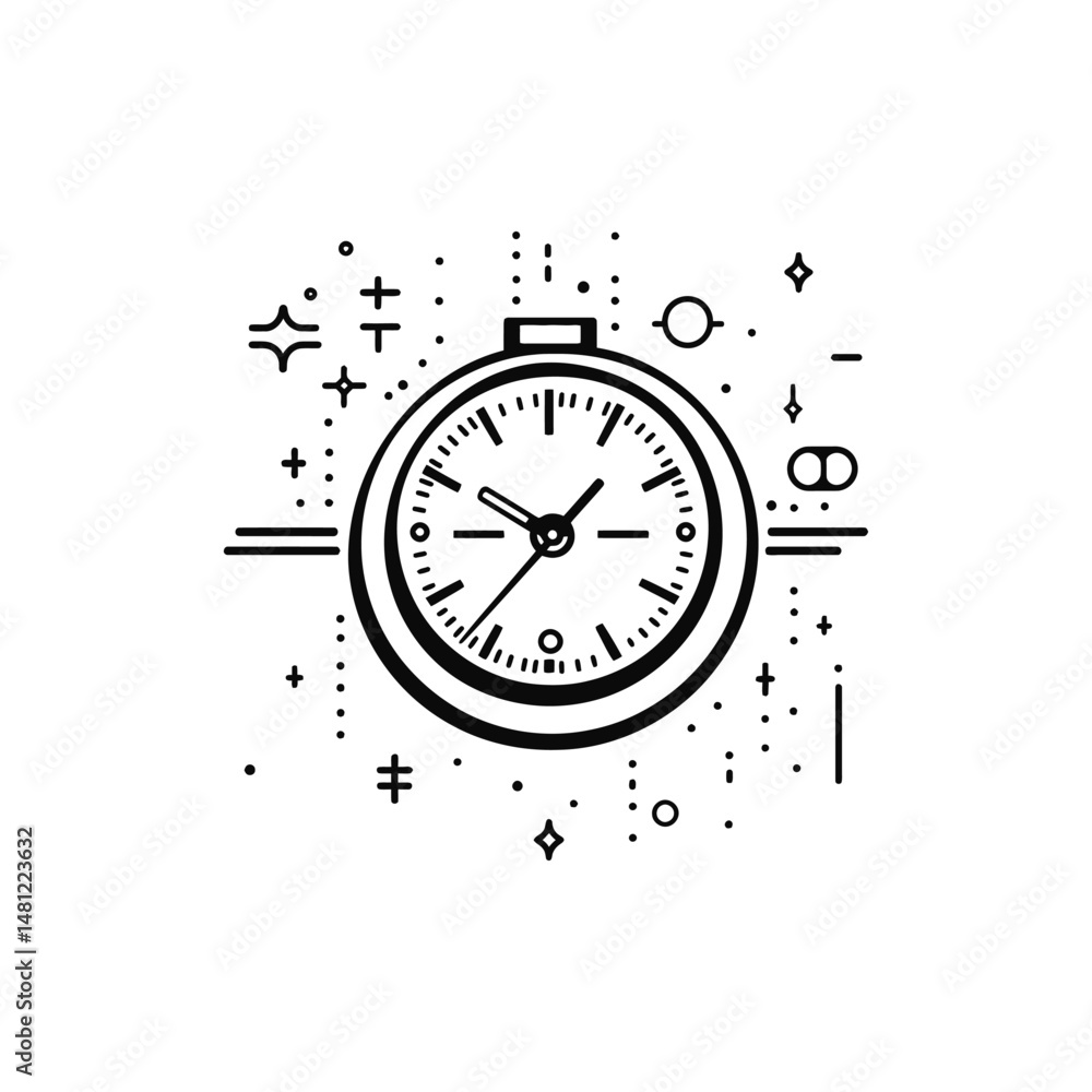 Poster black outline clock with geometric stars and dots floats on a transparent background