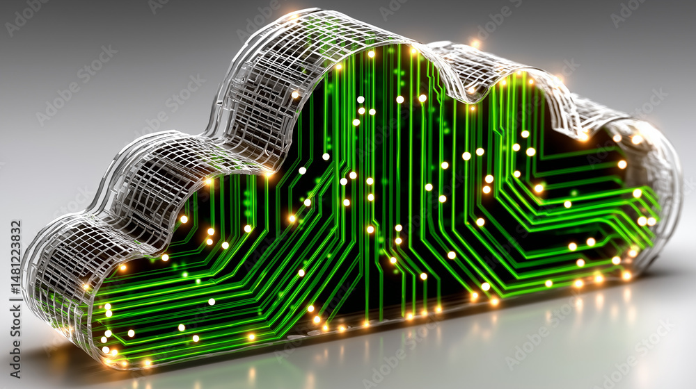 Poster cloud computing: a futuristic depiction of a cloud computing concept. the illustration showcases a t