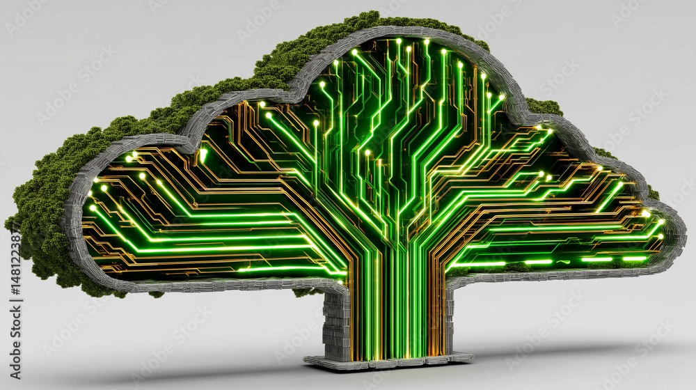 Poster cloud computing's verdant heart: a visually striking image of a digital cloud, sprouting vibrant gre