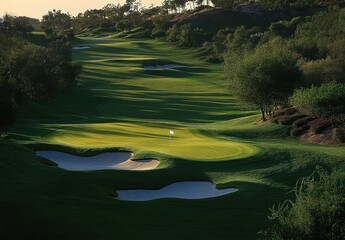 Sunlit golf course fairway with sand bunkers, green surrounded by trees and shadows creating a serene and peaceful atmosphere