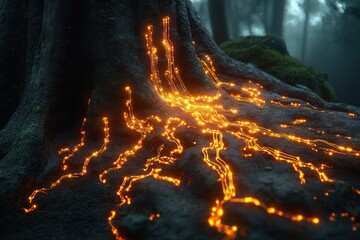 Large ancient tree trunk with glowing fiery orange roots spreading across dark forest floor in misty mysterious woodland