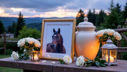 Fototapeta premium Horse Memorial Scene with White Cremation Urn, Framed Portrait, White Roses, and Lanterns at Sunset. Peaceful Farewell After Cremation. 