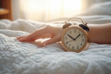 Close-up of a vintage alarm clock showing ten minutes to ten next to a resting hand on a textured white bedspread with soft natural morning light
