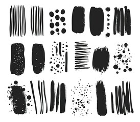 Set of hand-drawn textures and brush strokes, elements for design on a white background. Hand-painted ink illustration collection.