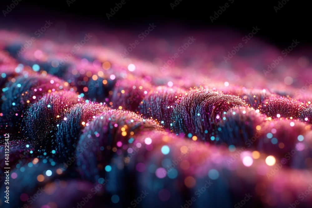 Poster a close-up view of colorful, shimmering outlast fabric fibers or threads, creating a mesmerizing pat
