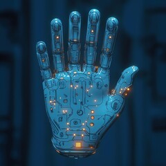 Futuristic robotic hand with intricate circuits and glowing orange lights isolated on dark blue background showcasing advanced technology and innovation