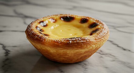 Pastel de nata (Portuguese custard tart) placed on a marble surface with powdered sugar