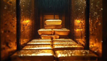 Stack of shiny gold bars inside dimly lit metallic vault with reflective surfaces and golden glow
