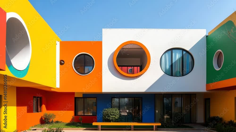 Poster colorful modern architecture with circular windows and bold colors