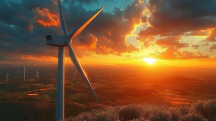 A large wind turbine overlooking multiple smaller turbines across a green landscape during a vibrant orange sunset with scattered clouds