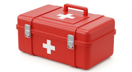Red first aid kit closed on white background showing cross symbol
