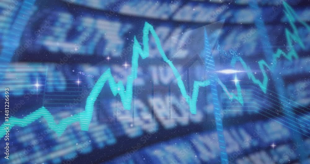 Poster fluctuating turquoise line graph zigzagging on trading screen showing blurred ticker displays
