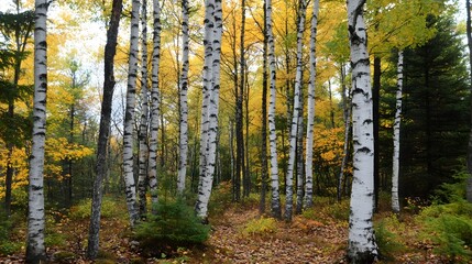 Autumnal forest of birch trees with fall foliage.