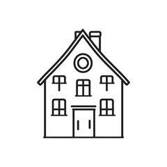 Black outline drawing depicts a symmetric house with a chimney and various windows