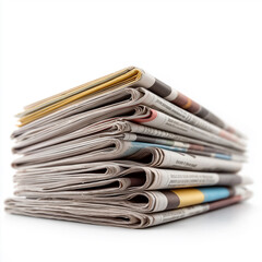 Stack of newspapers forming an abstract composition on white background
