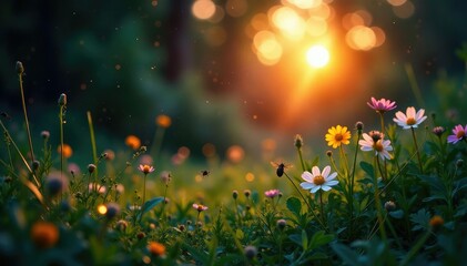 Summer evening, fireflies twinkle in overgrown backyard , wild, calm, night
