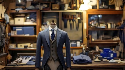 Fototapeta premium Elegant tailored suit displayed in a vintage clothing store.