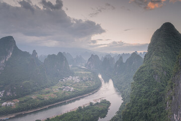 Xianggong hill landscape of Guilin, Li River and Karst mountains. Xingping, Yangshuo, Guangxi China.