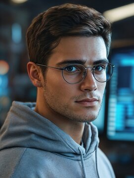 IT Specialist in Glasses at Workstation &ndash; Data Analyst or Software Developer in Tech Environment, Cybersecurity or Full-Stack Programming Professional in Modern Office Setting

