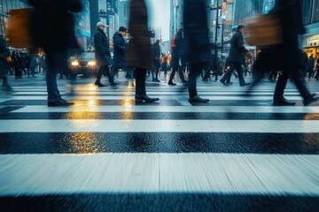 People walking across a wet city street crosswalk during rainy, overcast weather with blurred motion and reflections from streetlights