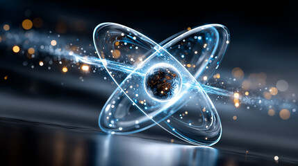 Atomic Energy: An atom's nucleus, represented by its orbiting electrons, pulses with energetic light, revealing the beauty of its internal structure in high definition.