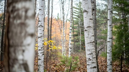 Obraz premium A forest of birch trees in autumnal light.