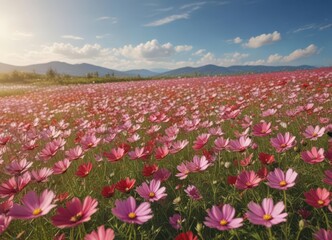 Vast field of vibrant cosmos flowers under sunny sky,  wildflower,  serene