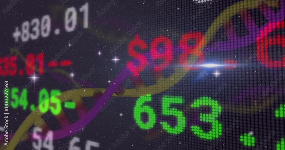 Poster 3d double helix twisting diagonally across dark grid, numeric tickers streaming amid star flares