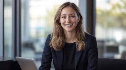 Confident Young Businesswoman Smiling at Desk in Modern Office with Laptop. Celebrating Women in Business, Entrepreneurship, Administrative Professionals. International Day of Women in Business, Admin