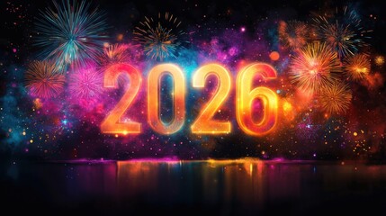 Bright glowing numbers 2025 with vibrant colorful fireworks exploding in the night sky over reflective water creating a festive and celebratory atmosphere