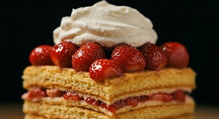 Piece of strawberry shortcake with whipped cream and fresh strawberries