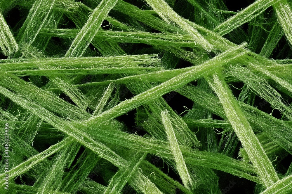 Poster seamless green fibers arranged in a chaotic pattern, showcasing their texture and structure against 