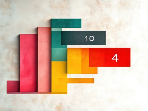 Abstract colorful layered bar chart with numbers ten and four displayed on dark and red rectangles representing data comparison on textured background