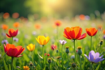 Obraz premium Vibrant wildflowers, meadow in full bloom, sunlit, rural, flora, daylight