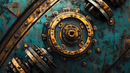 Rusty industrial machine close-up: teal, gold, and aged metal textures. [Steamspire Wastes] | Rustpunk Mirage | corroded engine. Illustration