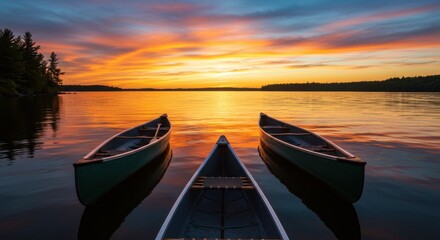 Fototapeta premium Canoes on lake reflecting sunset serenity, calm water and colorful sky