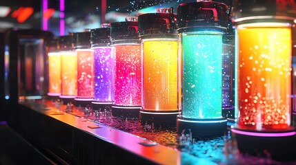 A row of colorful bottles with a neon glow