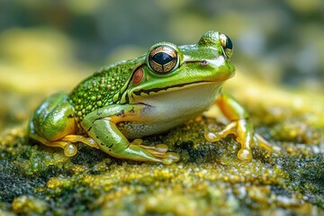 Close-up of a vibrant green frog resting on mossy ground with detailed skin texture and reflective eyes