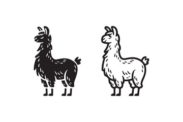A cute cartoon llama isolated as a black and white silhouette vector illustration