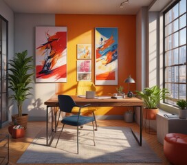 Sunlit office, bold artwork, & colorful furniture,  modern,  space