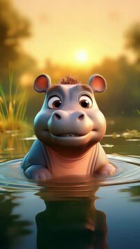 Cute a Cartoon Hippopotamus Character Talking in a Pond