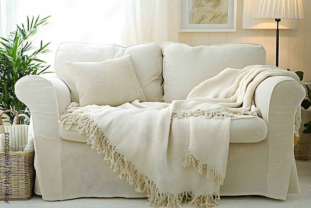 Poster cozy cream-colored sofa with a textured throw blanket, creating a relaxed and inviting atmosphere in