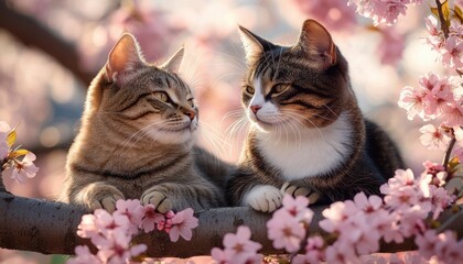 Two tabby cats sitting close together on a tree branch surrounded by delicate pink cherry blossoms during soft sunlight