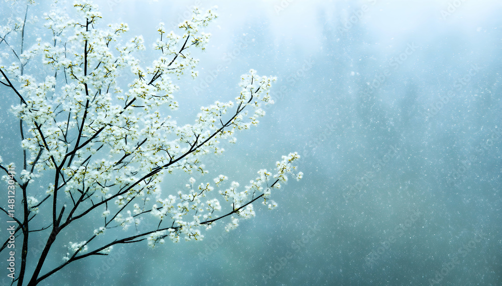 Poster serene winter scene featuring a delicate flowering branch amidst a soft snowfall, creating a peacefu