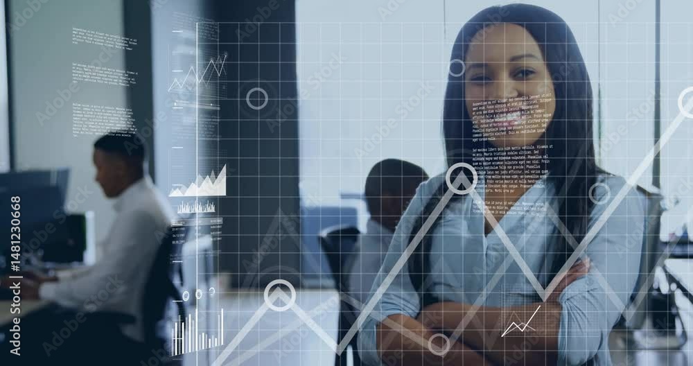 Poster female professional standing in business office using computers and floating charts and graphs