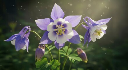 Delicate blue columbine flowers illuminated by a soft, ethereal glow