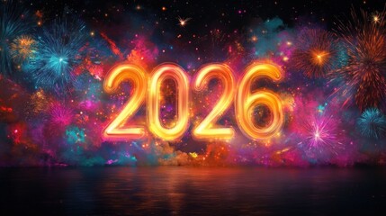 Bright glowing numbers 2025 surrounded by colorful fireworks lighting up the night sky above reflective water, evoking celebration and excitement